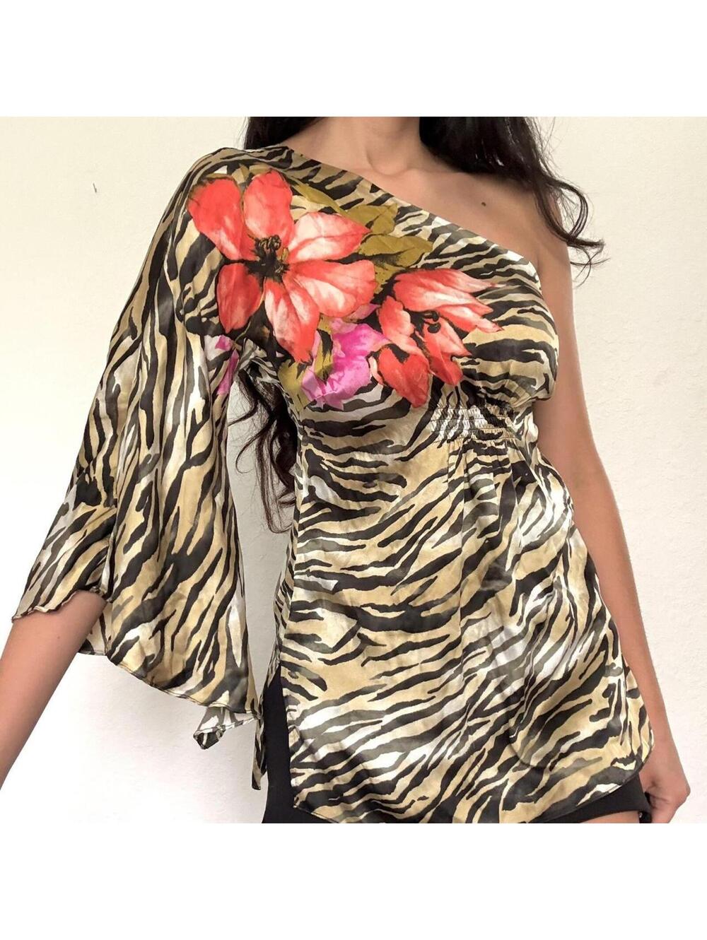 Cache Animal Print Floral Silk One Shoulder Top - Picture 2 of 8